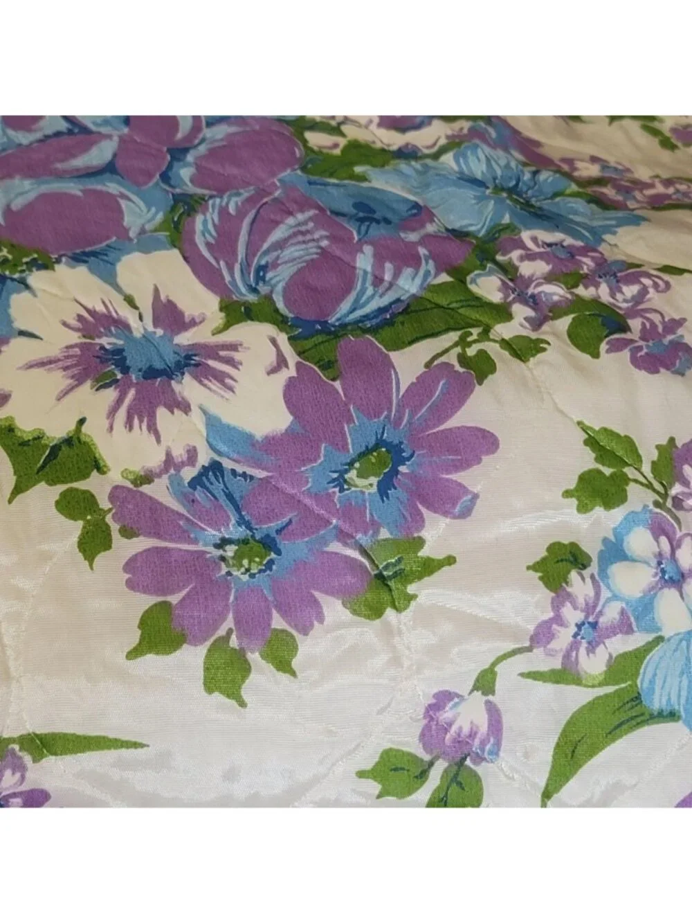 Vintage 70s Blue and Purple Floral Print Twin Size Bedspread Quilted Coverlet